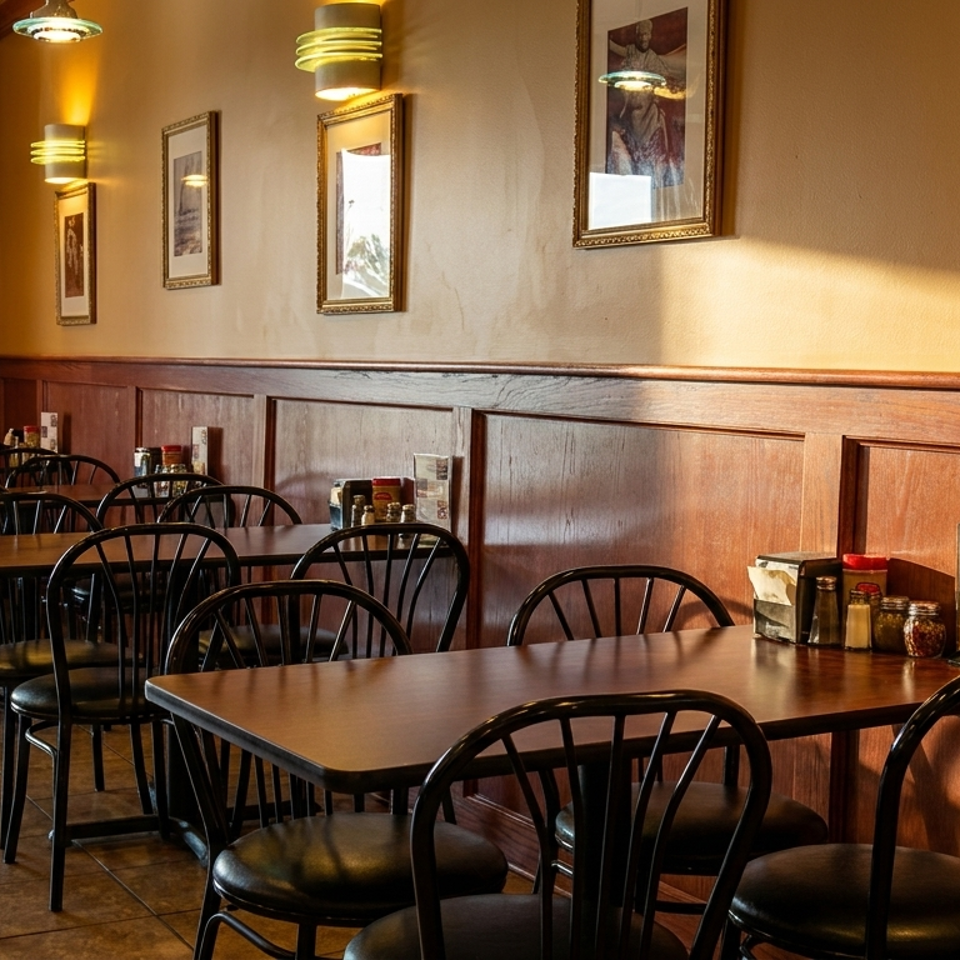 Warmly lit restaurant dining room with wooden tables, black chairs, framed artwork, tiled floors, and table condiments.
